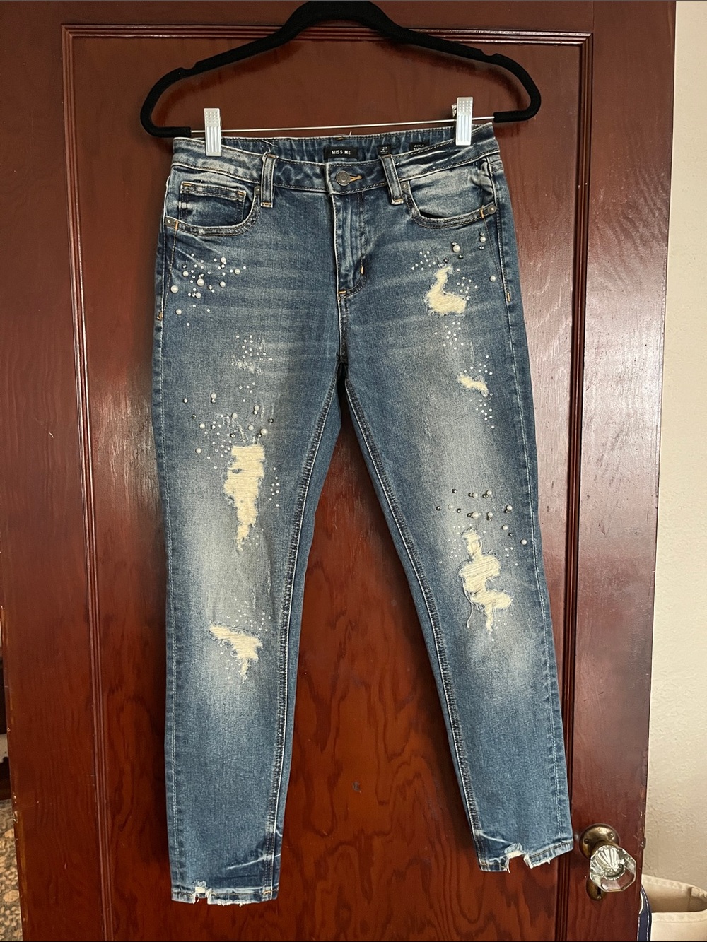 Miss Me pearl + rhinestone embellished ankle skinny jeans